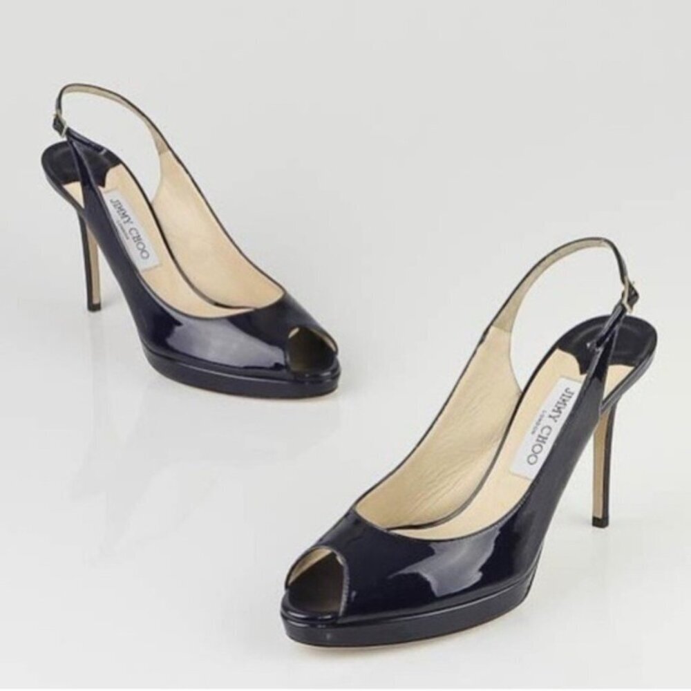Jimmy Choo Patent Black Nova Leather Peep Toe Slingback Sandal Heels 37 1/2